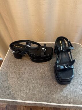 Black Platform Slingback Sandals with Buckle Straps